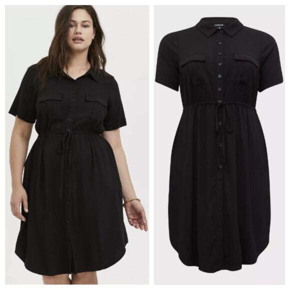 Torrid Women's Mini Twill Drawstring Shirt Dress Deep Black Size 1X - Picture 2 of 10